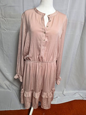 Tommy Hilfiger Pink Satin Button Front Long Sleeve Ruffle Hem A-Line Dress 14