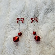 Festive Dangling Red Bow with Bells Christmas Earrings For Women Girls