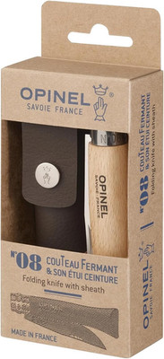 OPINEL No. 08 Stainless Steel Folding Knife, Beechwood Handle + Sheath