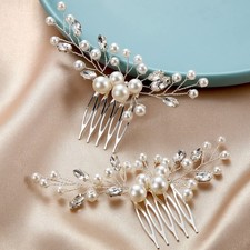 Ysleen 2 Pcs Wedding Pearl Hair Comb Bride Pearl Crystal Headpiece Flower Sid...