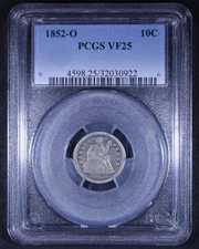 1852-O Liberty Seated Dime - 10c PCGS VF25 - Tough Coin!