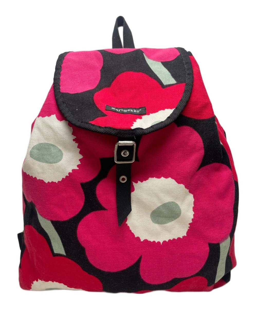 Marimekko Backpack Canvas Floral Pattern Black, Red ＆ Pink Flower