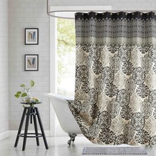 Extra Long Fabric Shower Curtain, Black and Beige Boho Medallion Print Shower...