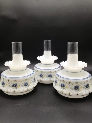 Lot Of 3 Vintage Quoizel Abigail Adams 6” Blue Floral Milk Glass Lamp Shade
