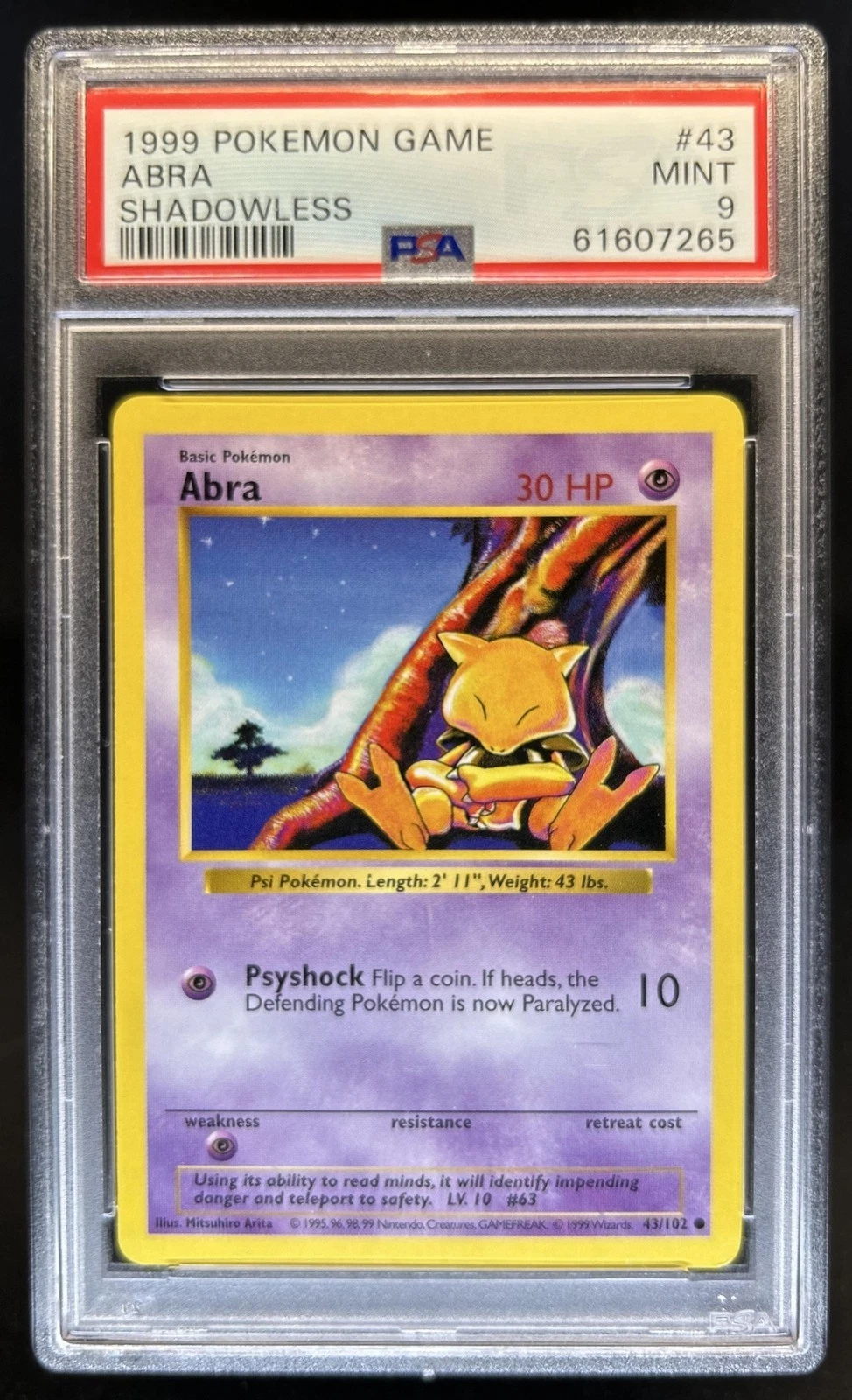 1999 Pokemon Shadowless Abra #43/102 PSA 9