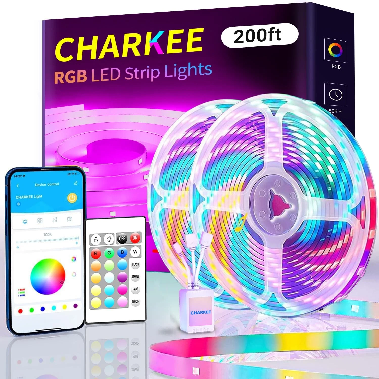 200ft Bluetooth RGB LED Strip Lights Multicolor Smart App Control for Home Decor