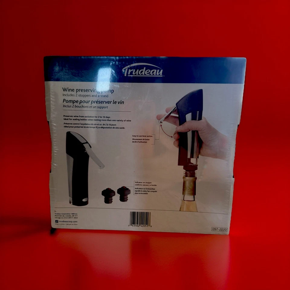 Bomba Conservadora de Vino Trudeau con 2 Tapones y Soporte - NUEVA SELLADA Foto 2 de 4