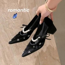 Womens Elegant Formal Dress Pump Pearls Pointed Toe Block Heel Date Shoes Party