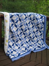 Patchwork Blue Snowflake Stars Quilt, Hand Quilted, 67" x 67"