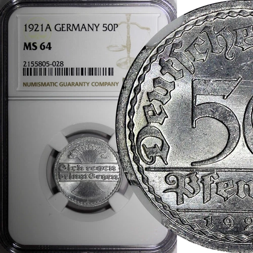 Germany, Weimar Republic 1921 A 50 Pfennig NGC MS64 Berlin Mint KM# 27 (8)