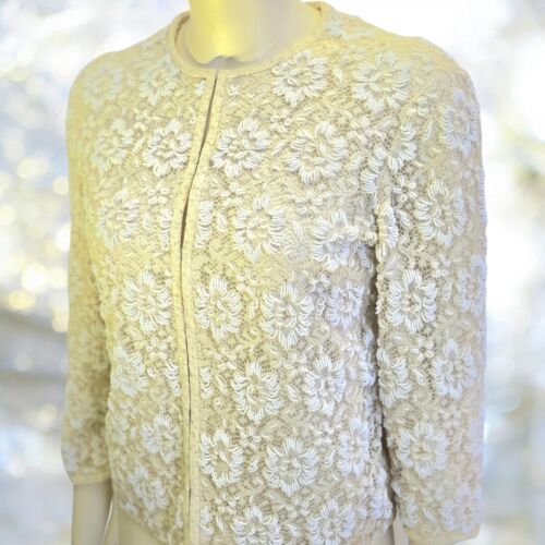 Chic Vintage 50s 60s Beaded All Over Cardigan Sweater In White S-M