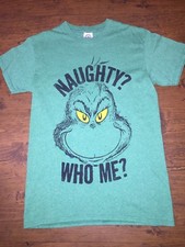 S Green Short Sleeve Shirt Grinch Face Naughty Who me Holiday Christmas EUC