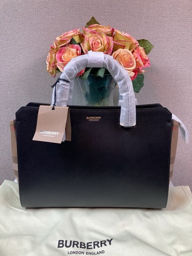 NWT Authentic Black Burberry House Check Small Leather Banwell Satchel