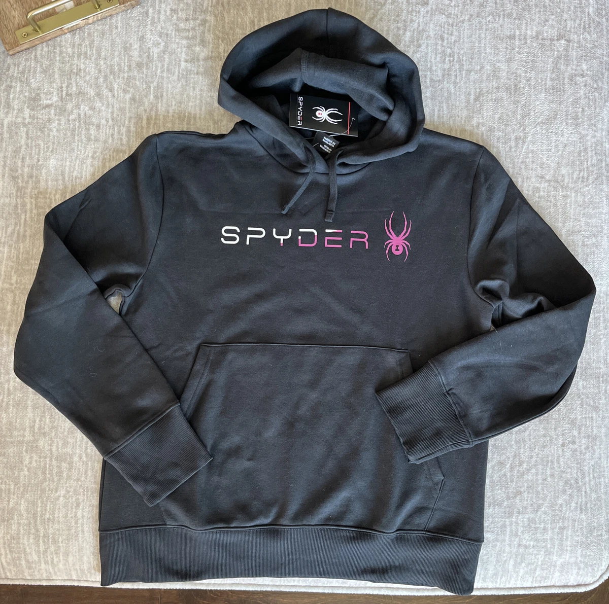 Spyder Hoodie Sweatshirt Black Pink Logo Pullover Pockets Women’s Size  Large NWT