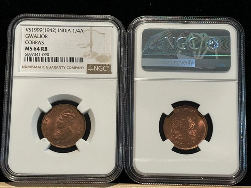 INDIA Gwalior 1/4 Anna 1942, Cobras, NGC MS 64 RB Ch. UNC Uncirculated. 3J