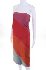 CHANEL - Red Orange Multi Color Cotton Color Block Strapless Dress EUR 38 00C