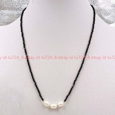 3mm Faceted Round Black Spinel Gems 7-8mm White Rice Pearl Necklace 18''