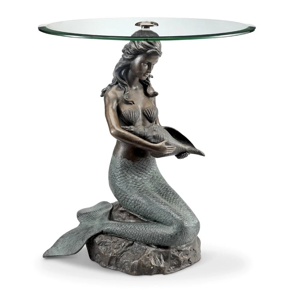 Mermaid End Table Multicolored Aluminum Glass Home Decorative Collectible - Image 2 of 4