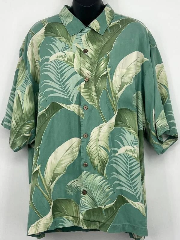 Tommy Bahama Mens Tropical Leaf Green Button Up Aloha Shirt Large Silk Relaxed
