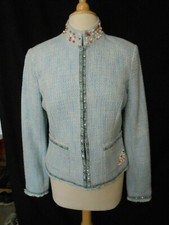 Cache Vintage Light Blue White Tweed High Neck Blazer,Great Detailing Size 8