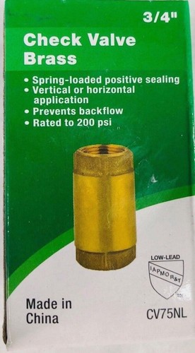 Water Source Spring Loaded Brass Check Valve 3/4" 200psi CV75NL