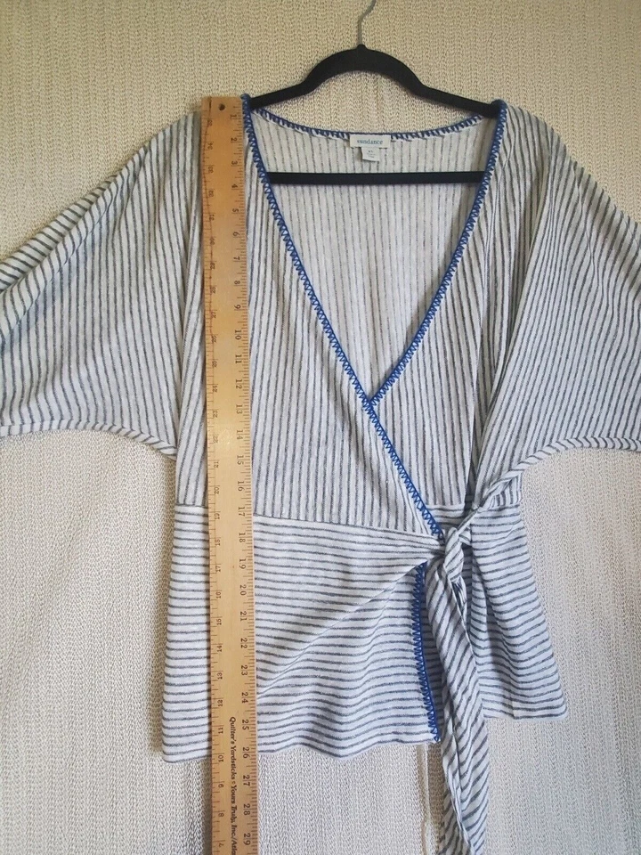 Top envolvente Sundance Freya XS para mujer lino azul punto de látigo a rayas náutico preppy Foto 3 de 4