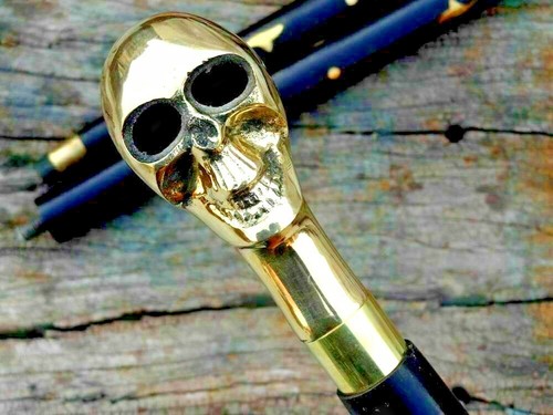Walking Handle Stick Skull Cane Brass Wooden Head Vintage Antique Solid Gift - Bild 1 von 4