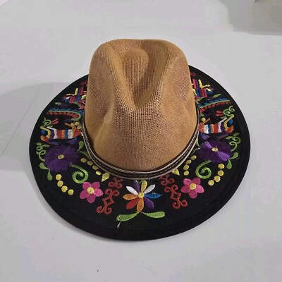 Mexican Cowboy Artisan Style Embroidered Hat Floral Bird Rabbit