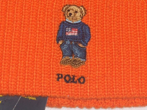 POLO RALPH LAUREN Men's Rib Knit USA BEAR Beanie Hat Trawler Ski Cap ORANGE, nwt - Picture 3 of 9