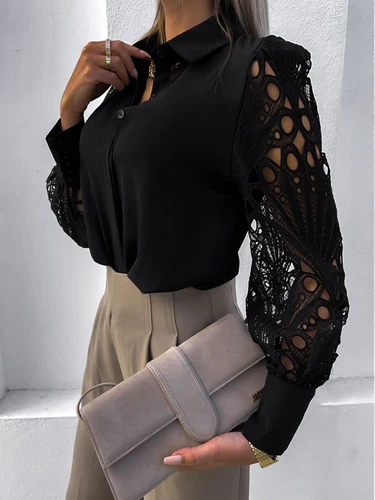 Blusa blanca de encaje con agujeros para mujer camisa de manga larga con botones - Bild 5 von 17