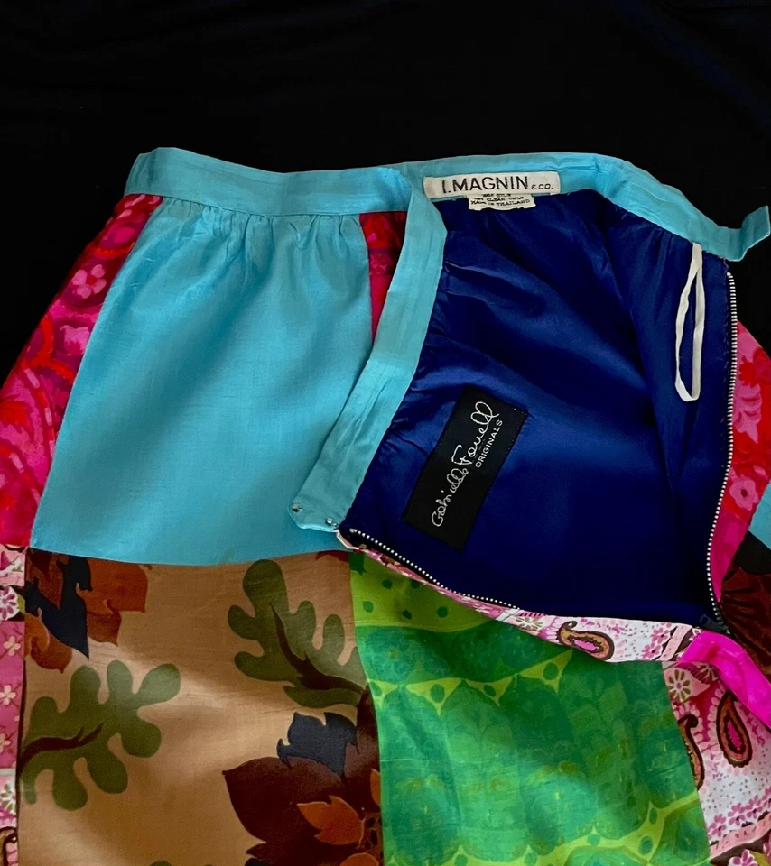 Falda de diseñador vintage con retazos de seda tailandesa I MAGNIN años 60 70 GABRIELLE FOUELL S M Foto 3 de 4