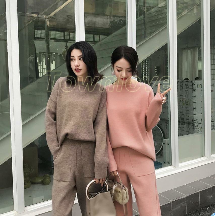 2Pcs Suit Women's Knitted Cashmere Blend Sweater Wide Leg Pants Korean  Elegant