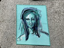 Needlepoint tapestry painted canvas Woman Lady 20  X 15  Blue Green
