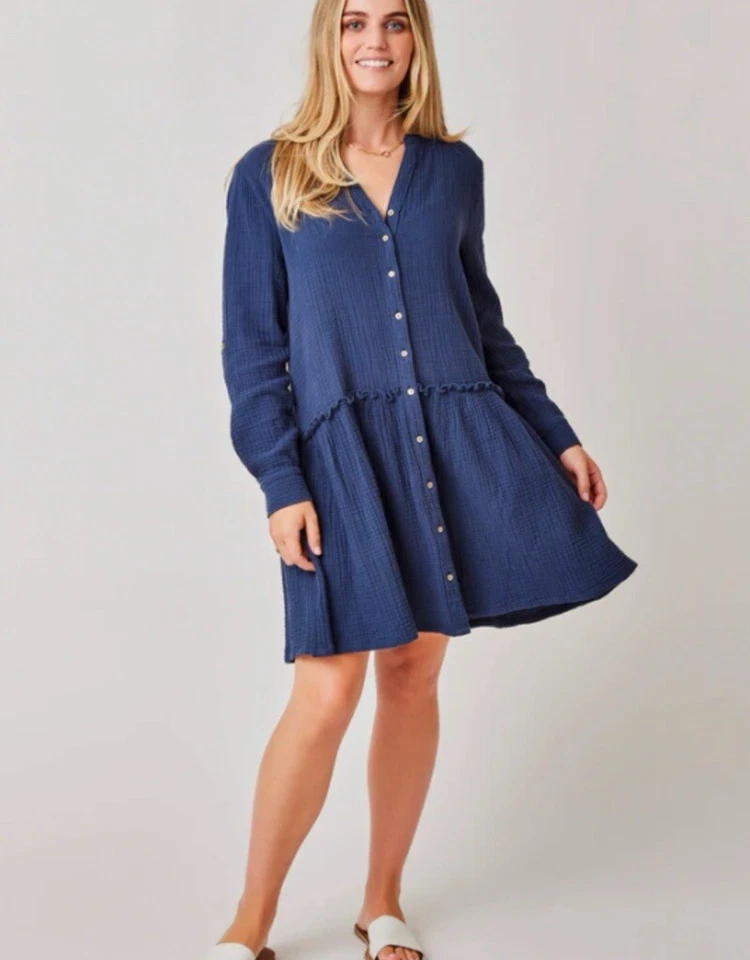 Vestido Carve Designs Blair Algodón Orgánico Botón Frontal Volantes Detalle Azul Marino Talla S Foto 2 de 4