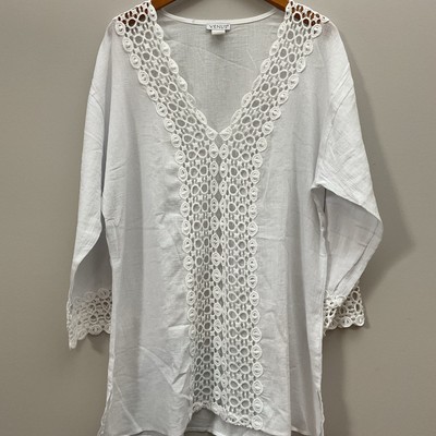 Venus Womens White Large Cotton Boho Crochet Blouse Cuffs Lightweight Beach Top