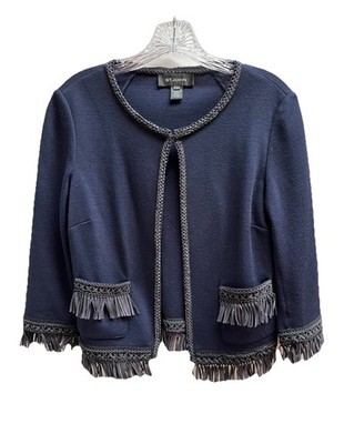 St. John Black Label Sz 4 Navy Fringe 3/4 Slve Sweater Blazer Jacket Braid Trim