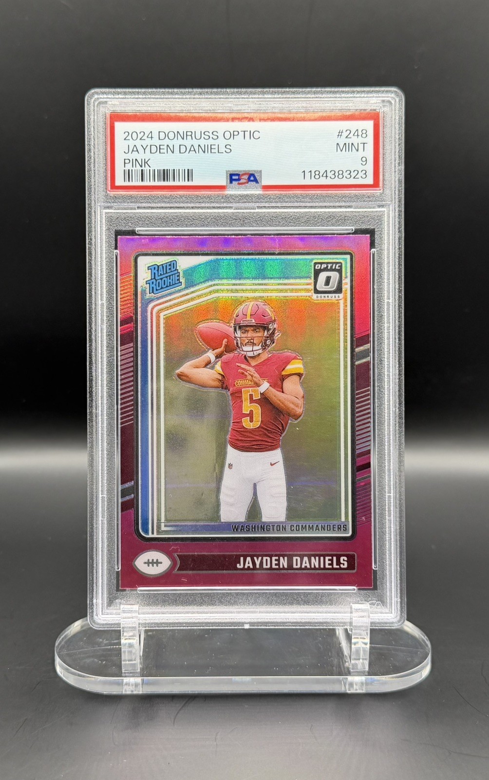 2024 Panini Donruss Optic Jayden Daniels Pink Prizm #248 RC PSA 9 Commanders view 1