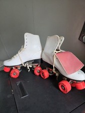 Vintage 1990s Roller Derby Roller Skates White Leather Quad With Pink Wheels