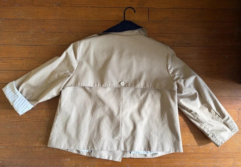 J.Crew Khaki Cropped Cotton Trench Coat With Built-In Navy Striped Sleeves 16 - Image 3 of 4