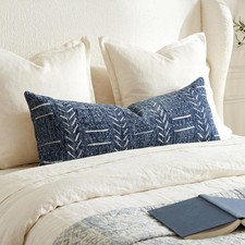 Decorative Long Lumbar Pillow Cover 14x36 for Bed, Navy Blue Soft Woven Cheni...