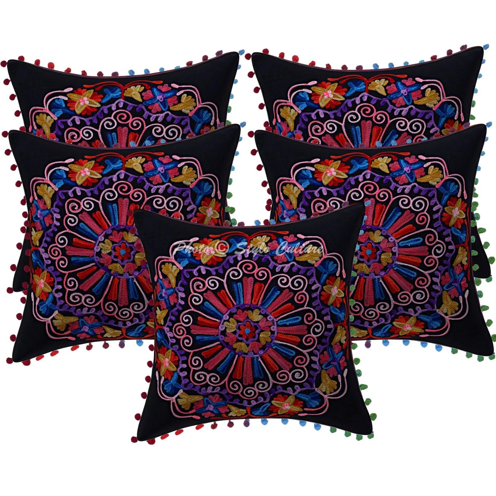 Indian Suzani Embroidered Pom Pom Throw Pillow Covers Cotton Black Floral Decor