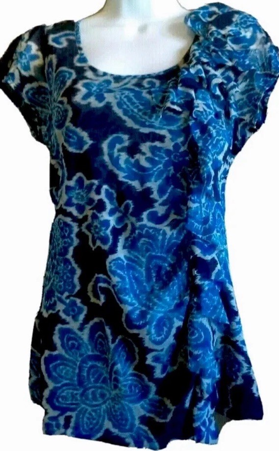 Inc Top M Blue floral Y2K Vintage Nylon Stretch Knit Boho Hippie Shirt Blouse