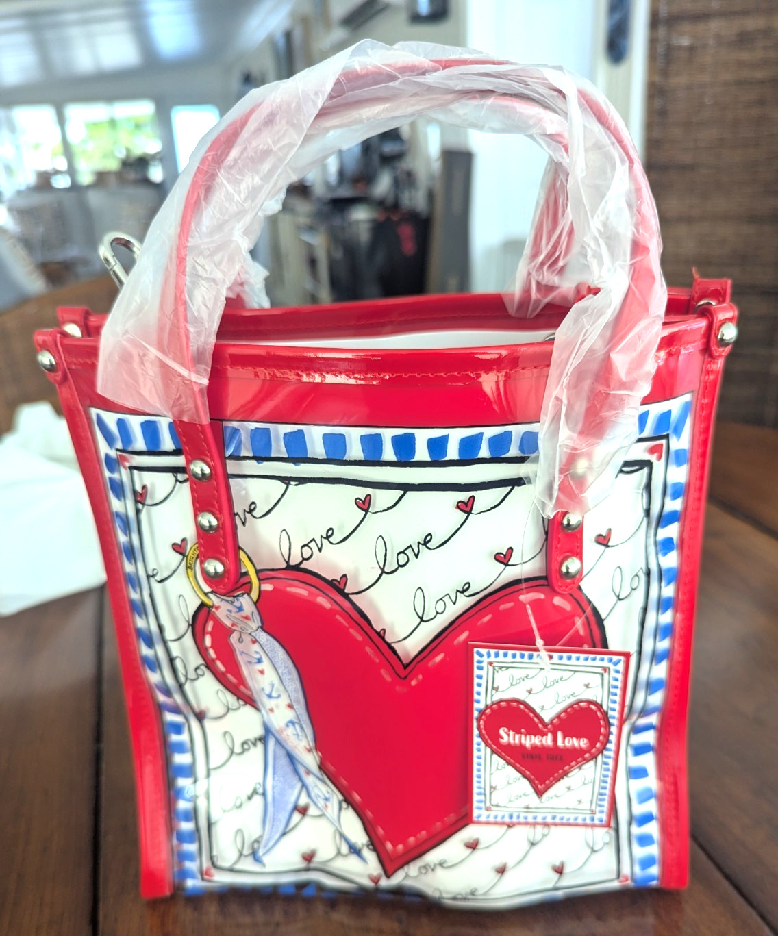 Brighton Striped Love Vinyl Tote Red White Blue w/ long strap RED WHITE & BLUE