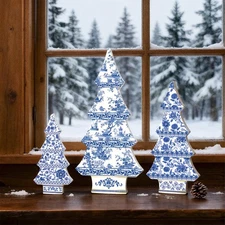 BrightRow 3 Pcs Chinoiserie Christmas Trees Decor Blue and White Christmas Ta...