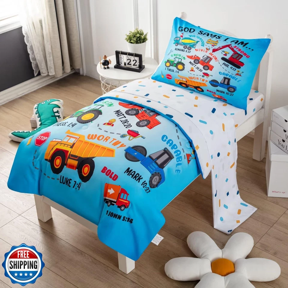 Juego de cama de 4 piezas para niños pequeños, construcción de automóviles edredón de cama para niños pequeños Foto 2 de 4