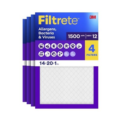 14x20x1 Air Filter, MERV 12, MPR 1500, Allergens, Bacteria & Viruses, 3-Month...