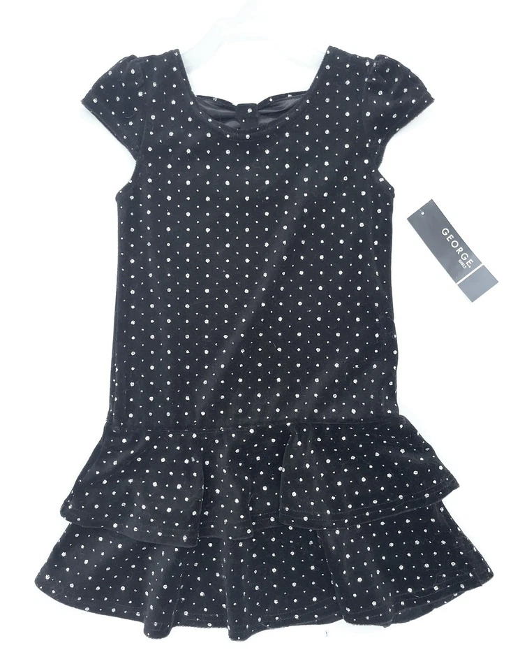 Niñas 6/6X ~ Vestido Negro Elástico Terciopelo Lunares Plateados Brillo + Capelet de Piel Sintética Foto 3 de 4