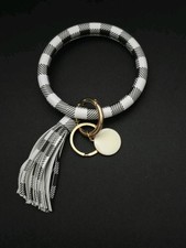 Keychain Bracelet Wristlet Bangle Key Holder Round Keyring Leather Tassel Black