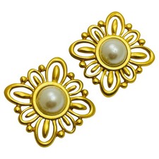 ANNE KLEIN vintage matte gold pearl huge designer runway clip on earrings