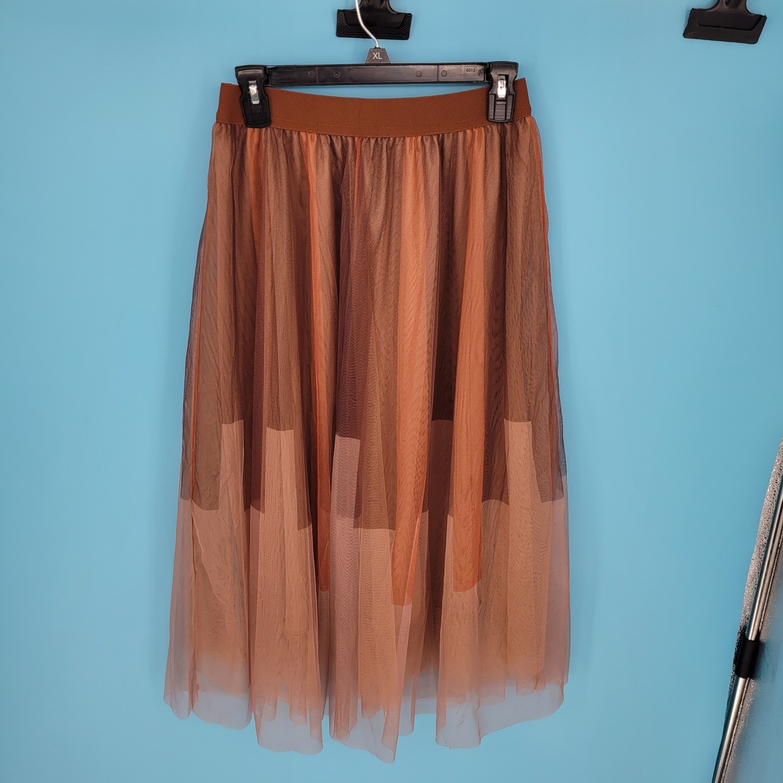 Tulle Midi Skirt Womens Size M Brown Tan Geometric tulle Pleat Ombre Cottagecore-image